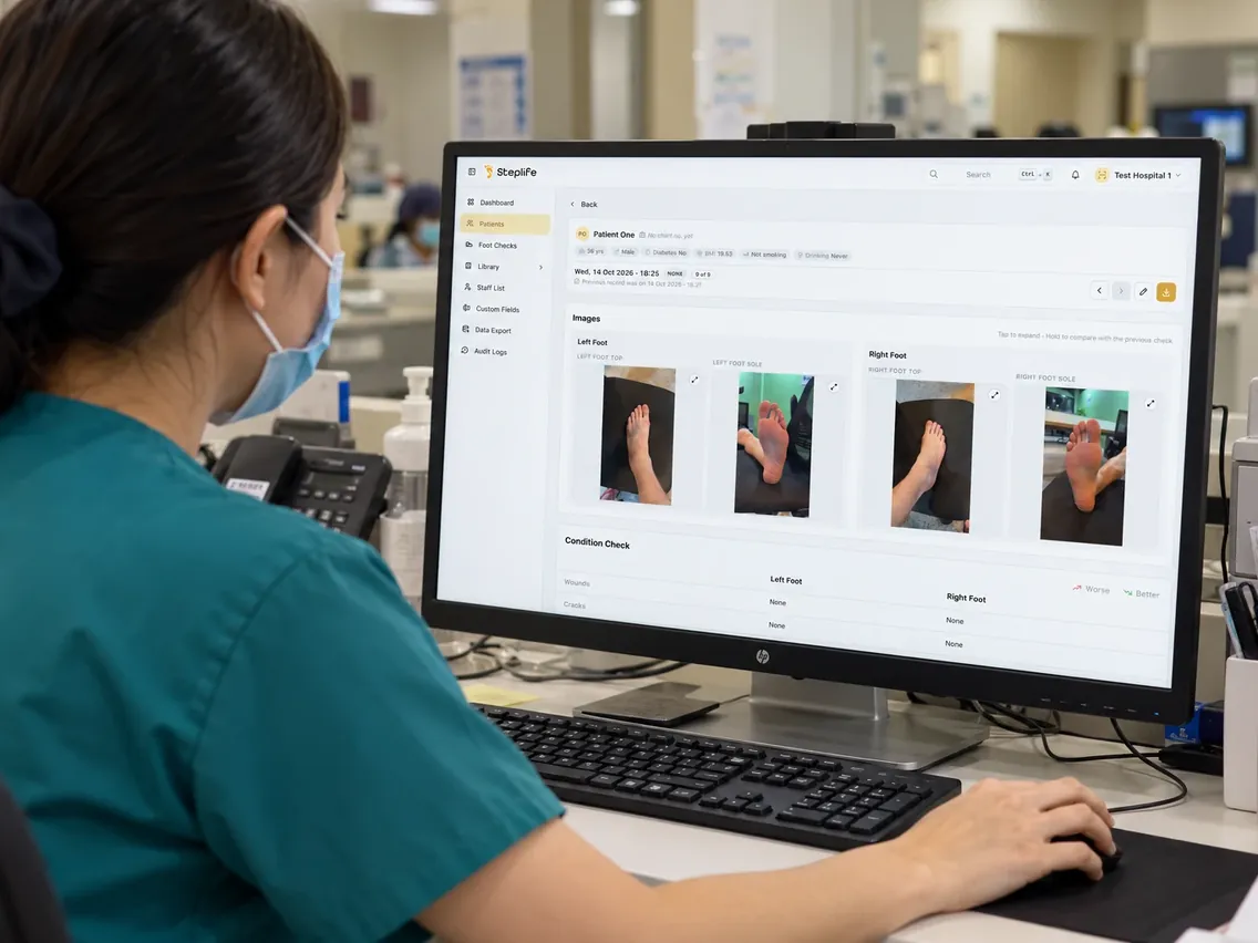 A nurse reviews a patient's daily foot photos in StepLife on her computer